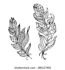 Black ornamental feathers on a white background