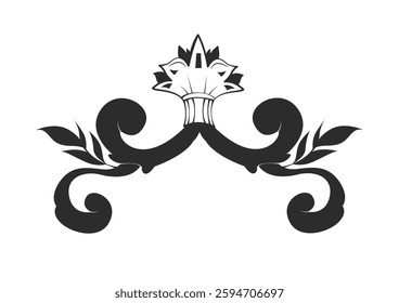 Black ornamental floral decoration with symmetrical swirls and leaves on a white background. Elegant and vintage-inspired decorative element. Vector illustration