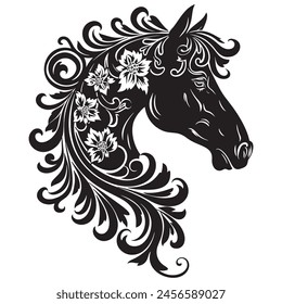 Black ornamental horse head silhouette with vintage flowers leaves, beautiful mane on white background. Patterned isolated horse. Decorative ornate design.