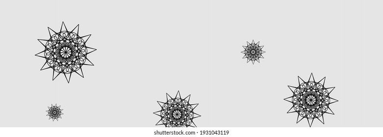 Black Ornamental Night Grey Mandala Illustration. Santa Holiday Winter Chaotic Snow Pattern. New Year Snowflakes Silver Grey Wallpaper. Christmas Print Dark Stars Horizontal Sky Wallpaper.