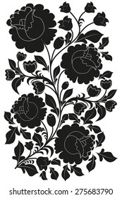 Black ornamental pattern of flowers and leaves isolated on white. Vector illustration.