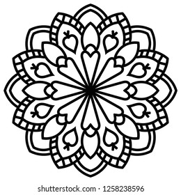 Black ornamental round doodle flower isolated on white background. Outline mandala. Geometric circle element. Vector illustration.