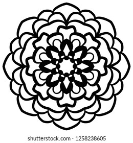 Black ornamental round doodle flower isolated on white background. Outline mandala. Geometric circle element. Vector illustration.