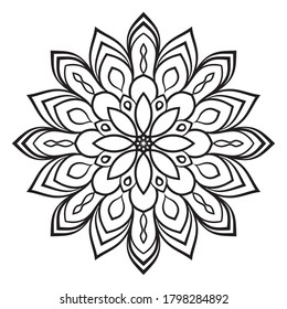 Black ornamental round doodle flower isolated on white background. Outline Mandala. Geometric circle element. Vector illustration.    