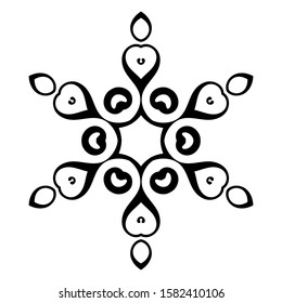 Black ornamental round doodle snowflake, flower isolated on white background. Outline mandala. Geometric circle element. Vector illustration.  