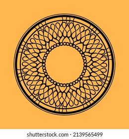 Black ornamental round pattern on orange background. Card template design. Vector illustration.
