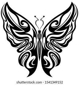 Black ornamental stencils of beautiful butterfly isolated on the white background, hand drawing vector illustration