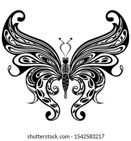 Black ornamental stencils of beautiful floral butterfly isolated on the white background, hand drawing vector illustration