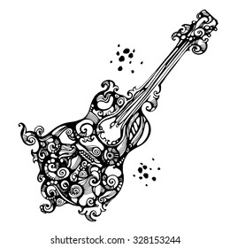 Black ornate acoustics guitar in tattoo style on the white background. Good for music design concepts. 