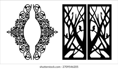 Un marco decorativo adornado negro y dos paneles de Vertical con árboles y pájaros estilizados sobre un fondo blanco.