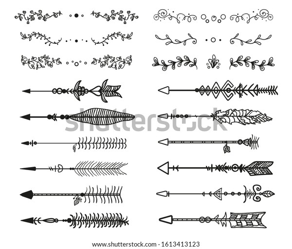 Black ornate dividers and arrows on white.\
Hand drawn ornate elements with abstract patterns on isolation\
background. Black and white\
illustration