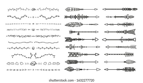 Black ornate dividers and bow arrows on white. Hand drawn ornate elements. Black and white illustration