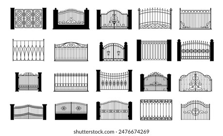 Black ornate fence elements. Isolated decorative fences gates. Ornamental railings for garden terrace or home balcony. Outdoor architecture vector set