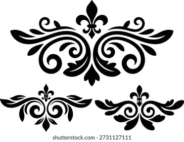 Black ornate floral scrollwork and fleur de lis on white background
