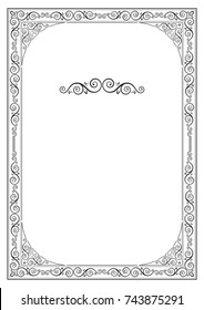 Black ornate framework for page decoration, diploma, card, label. A4 page proportions.