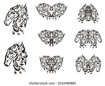 Black ornate horse head symbols. Tribal fantastic linear butterflies formed by the head of a horse on a white background