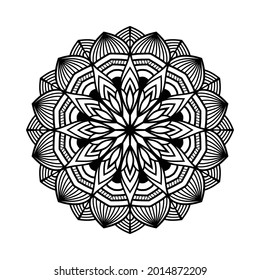 Black Ornate mandala pattern art for coloring page, invitation card, book cover, ornamental design with white background