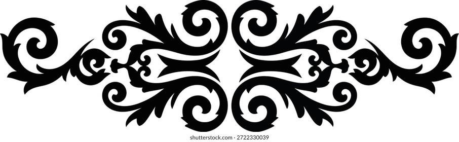 Un diseño de volutas adornado negro con motivos florales y de hojas simétricos sobre un fondo blanco. El elemento presenta curvas de remolino y hojas puntiagudas.