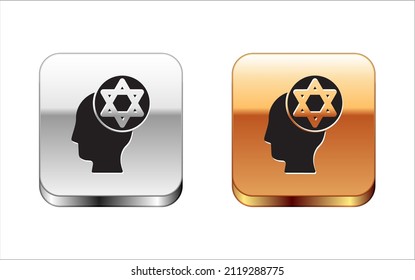 Black Orthodox jewish hat icon isolated on white background. Jewish men in the traditional clothing. Judaism symbols. Silver-gold square button. Vector