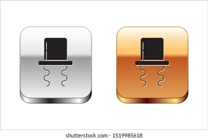 Black Orthodox jewish hat with sidelocks icon isolated on white background. Jewish men in the traditional clothing. Judaism symbols. Silver-gold square button. Vector Illustration