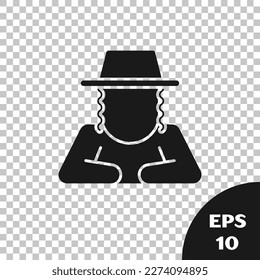 Black Orthodox jewish hat with sidelocks icon isolated on transparent background. Jewish men in the traditional clothing. Judaism symbols.  Vector