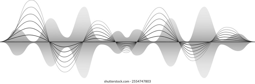 Black oscillating lines are creating a sound wave visualization, representing radio signal frequency and digital voice tune equalizer, on a white background with gray shadows