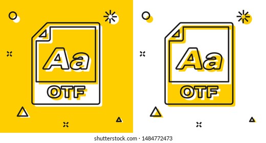 Black OTF file document. Download otf button icon isolated on yellow and white background. OTF file symbol. Random dynamic shapes. Vector Illustration