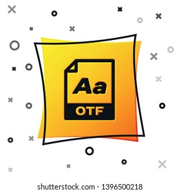Black OTF file document icon. Download otf button icon isolated on white background. OTF file symbol. Yellow square button. Vector Illustration