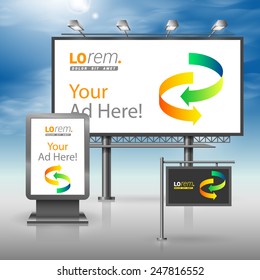 Black outdoor advertising design for corporate identity with color arrows. Stationery set