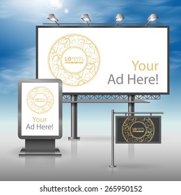 Black outdoor advertising design for corporate identity with round golden element and floral pattern. Stationery set