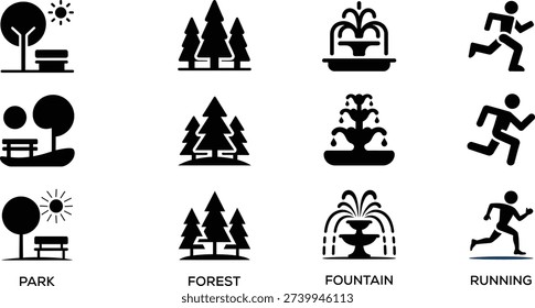 Black Outdoor Recreation Icon Set Featuring Park Benches, Forest Trees, Water Fountains, and Running Figures for Map Wayfinding and Signage Design