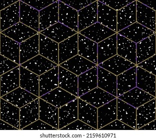 Espace extra-atmosphérique noir et texture de treillis hexagonal. Carrelage au sol ou texture murale imprimé cosmique. Motif harmonieux de volume géométrique. Création d'arrière-plan graphique de mode. Formes de cube 3D. Image vectorielle fond d'écran étoile