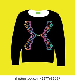 The black outfit in front of the background and the pattern in different colors in front of it