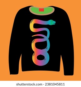 The black outfit in front of the background and the snake pattern in different colors in front of it