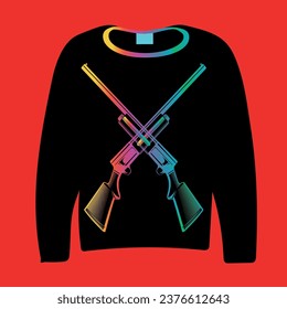 black outfit in front of the background and two different colored guns in front of it