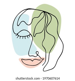 Black outline abstract face on white background. Hand drawing line art illustration. Female portrait with colorful geometric shapes.