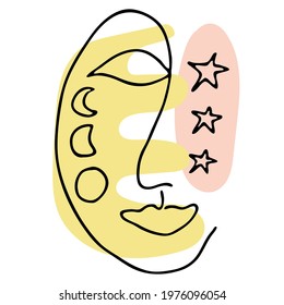 Black outline abstract face on white background. Hand drawing line art illustration. Female portrait with colorful moon and floral.