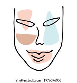 Black outline abstract face on white background. Hand drawing line art illustration. Female portrait with colorful geometric shapes.