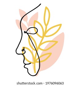 Black outline abstract face on white background. Hand drawing line art illustration. Female portrait with colorful geometric shapes.