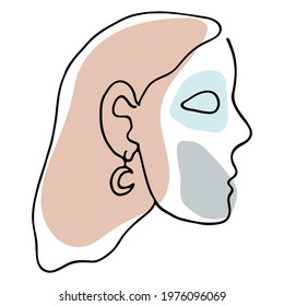 Black outline abstract face on white background. Hand drawing line art illustration. Female portrait with colorful geometric shapes.