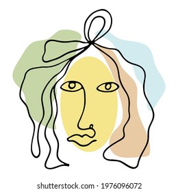 Black outline abstract face on white background. Hand drawing line art illustration. Female portrait with colorful geometric shapes.