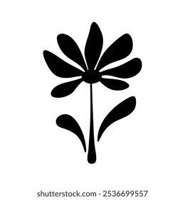 The black outline of an abstract flower on a stem with leaves is hand-drawn isolated on a white background. Graphic botanical floral element for holiday, decoration, design, labels, vector, modern.