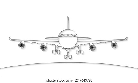 Black outline of the airplane and the horizon line. 3d vector illustration. Paper cut out style.