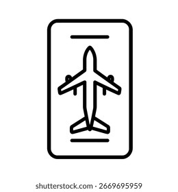 Black outline airplane icon centered on a rounded rectangle, rendered in minimalist black and white style. Represents air travel or aviation concept.