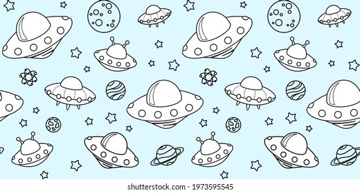Black outline alien spaceships, different planets and stars on a blue background. Space endless texture. Vector seamless pattern for cover, wrapping paper, packaging, wrapper, surface texture or print