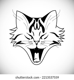 Black Outline Animal Portrait. Striped Cat Face. Comic Yawning Tabby Kitty. Isolated on White Background. Vector Illustration.