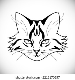 Black Outline Animal Portrait. Tabby Cat Face. Cute Striped Kitty. Isolated on White Background. Vector Illustration.