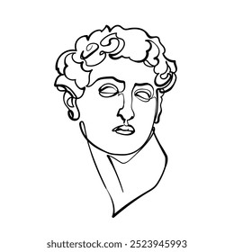 Schwarze Umrissstatue (Kopf) auf weißem Hintergrund. Männliches Portrait. Grafische Zeichnung. Vektorgrafik.