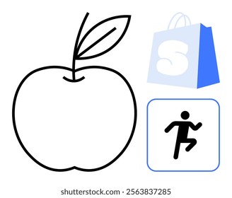 Black outline of an apple with a leaf next to a blue shopping bag and a running figure icon. Ideal for health wellness fitness exercise and shopping themes. Simple minimalist style