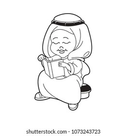 black outline Arabic kid reading book with smile vector drawing